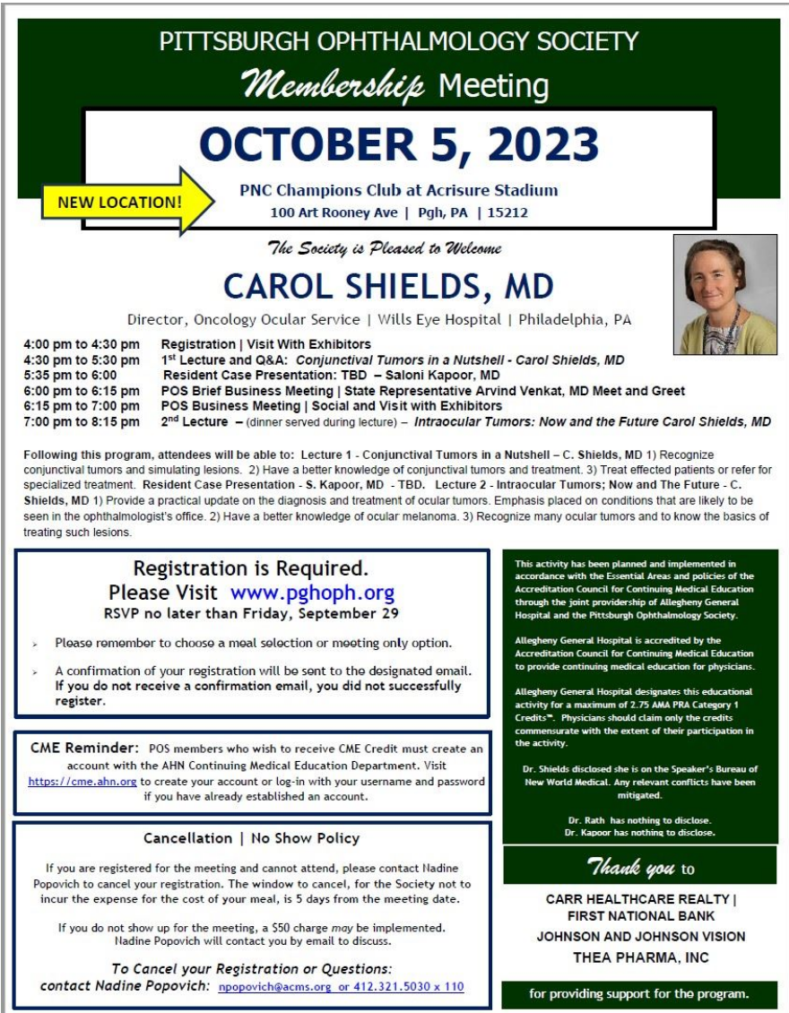October 5 - Pittsburgh Ophthalmology Society Monthly Meeting